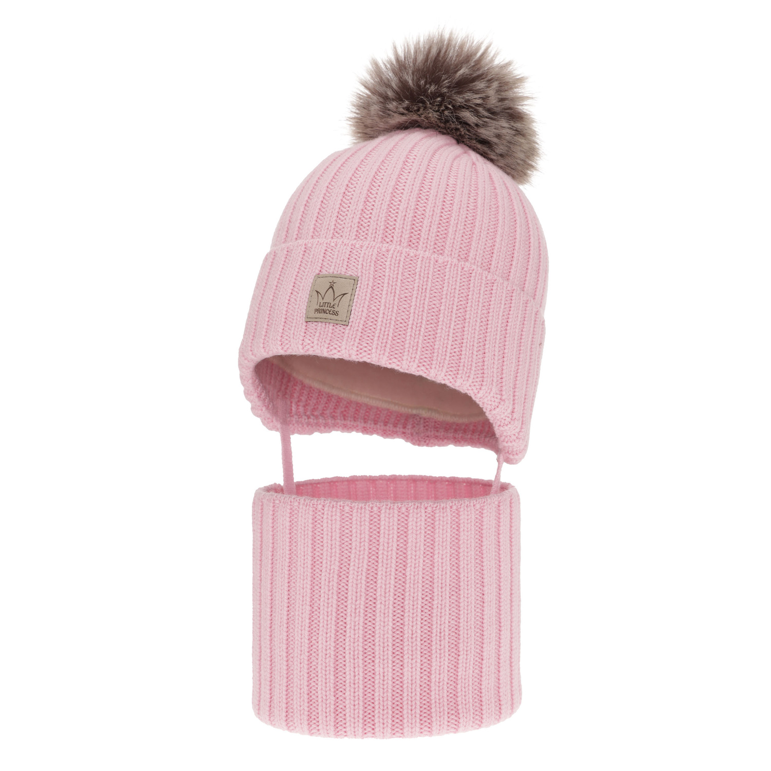 Set de iarnă pentru fete: căciulă și fular circular roz, 100% lână merino extra fină, căptușită cu polar din lână Martina