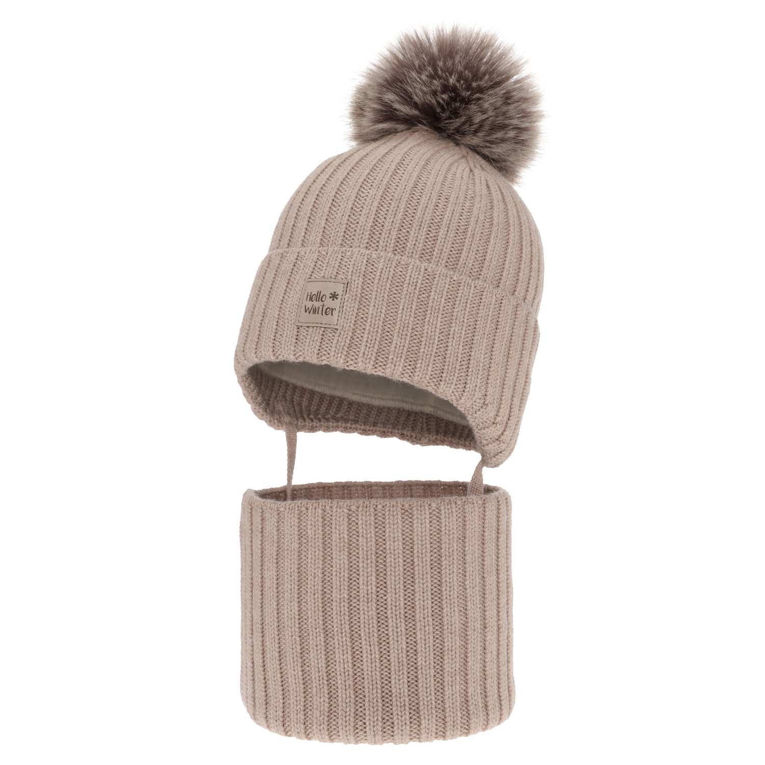 Set de iarnă pentru băieți: Căciulă și fular circular bej din 100% lână merino extra fină, căptușită cu polar din lână Morti