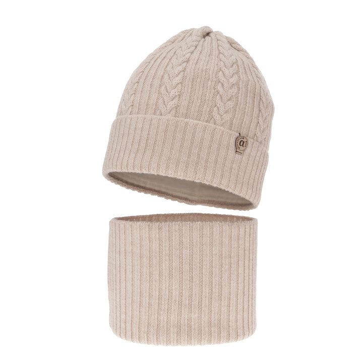 Set de iarnă pentru fete: căciulă și fular circular bej, 100% lână merino extra fină Jenny