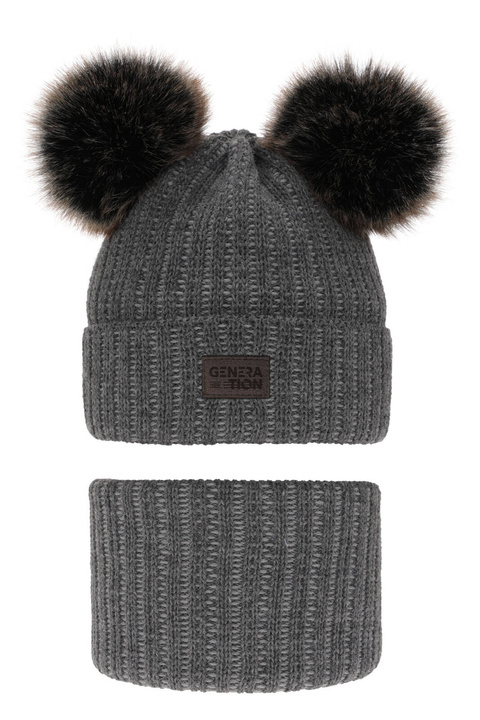 Set de iarnă pentru băieți: Căciulă și fular circular gri cu 2 pompoane Tokio