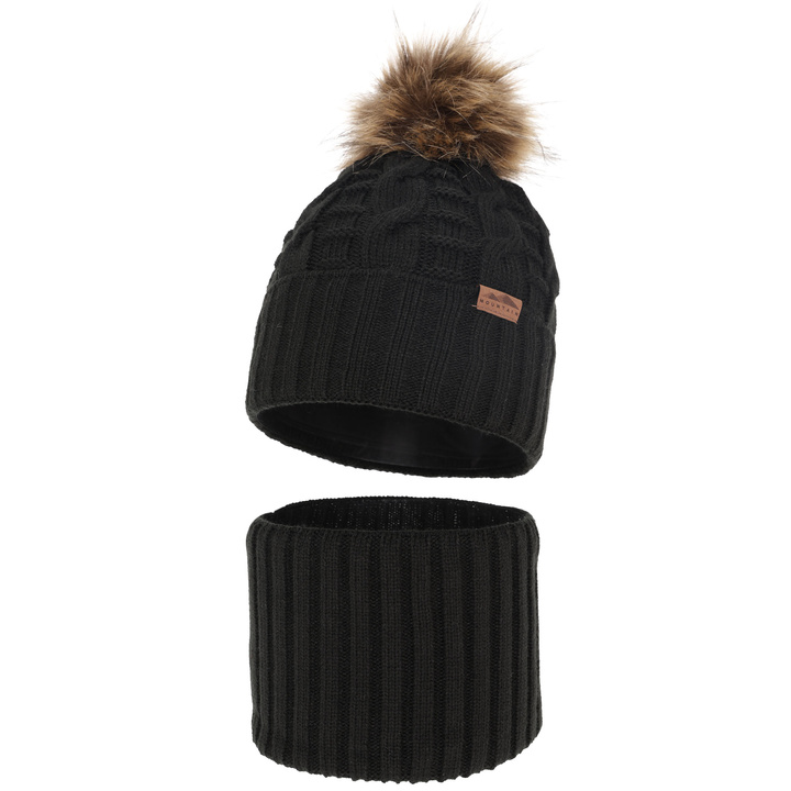 Set de iarnă pentru băieți: Căciulă și fular circular negru cu pompon Cent