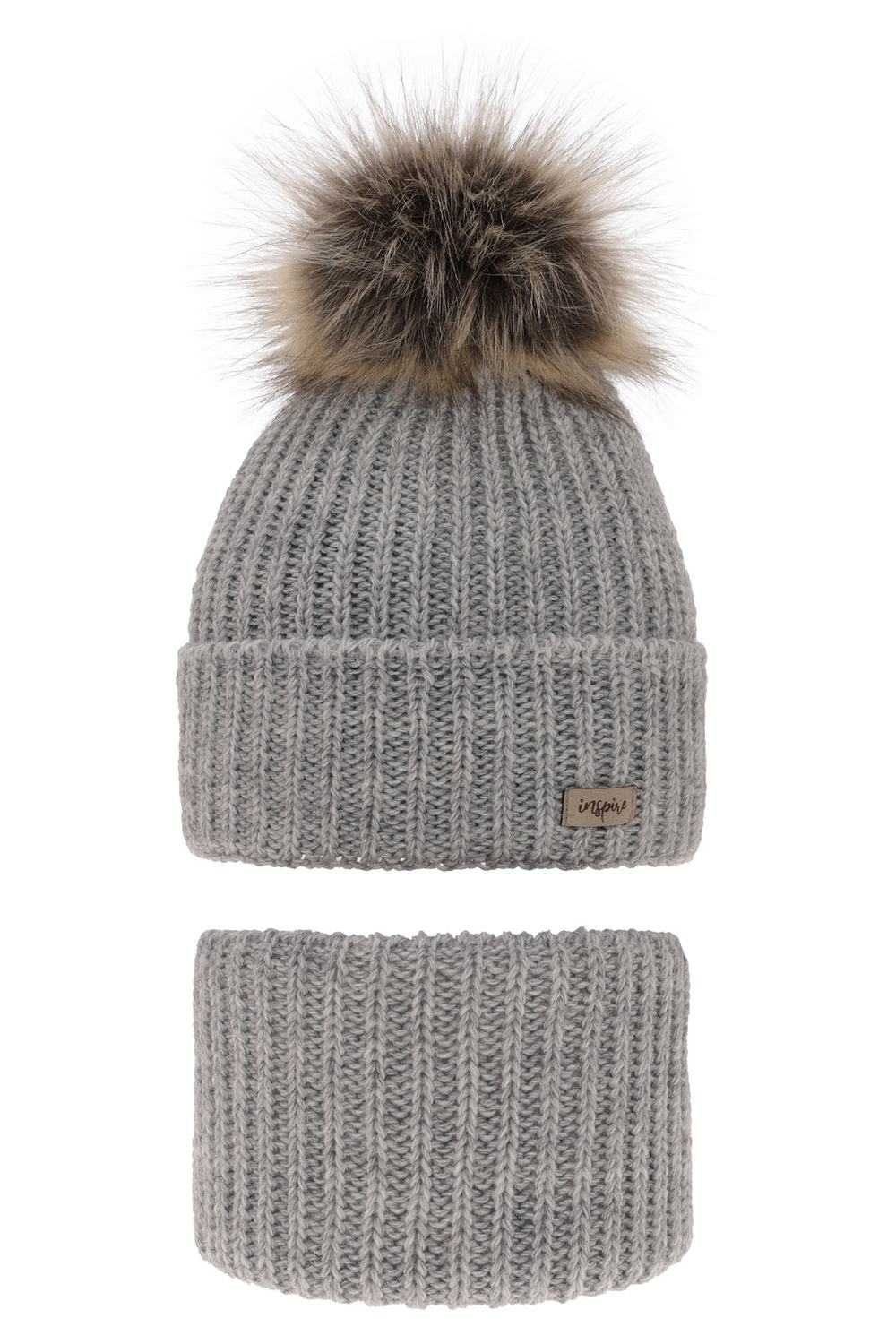 Set de iarnă pentru fete: căciulă și fular circular gri cu pompon Willow