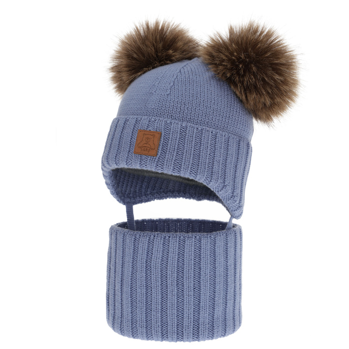 Set căciulă și fular pentru băieți, iarnă, albastru, 100% lână merino, căptușit cu fleece de lână, Ronik