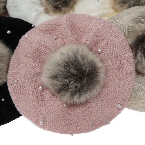 Beret și fular circular pentru fete, de iarnă, căptușit cu polar, culoarea cremă, cu pompon, Jeanette