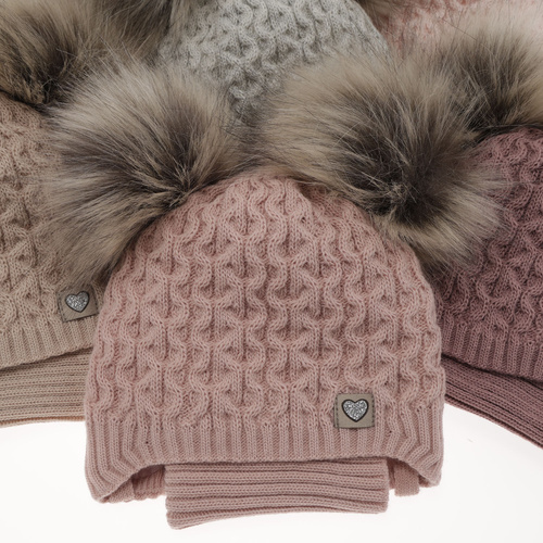 Set de iarnă pentru fete: căciulă și fular circular roz cu 2 pompoane Poliana