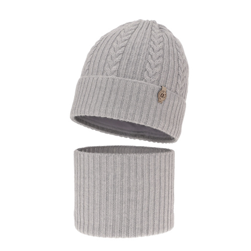 Set de iarnă pentru fete: căciulă și fular circular gri, 100% lână merino extra fină Jenny