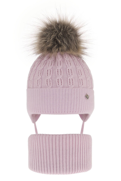 Set de iarnă pentru fete: căciulă și fular circular violet cu pompon Tukana