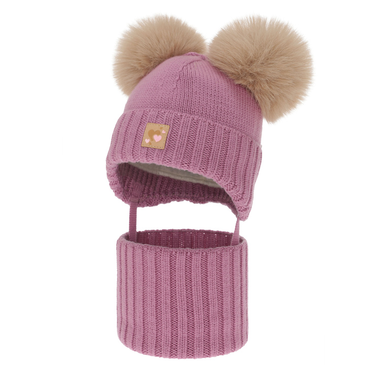 Set căciulă și fular pentru fete, iarnă, violet, 100% lână merino, căptușit cu fleece de lână, Ronia