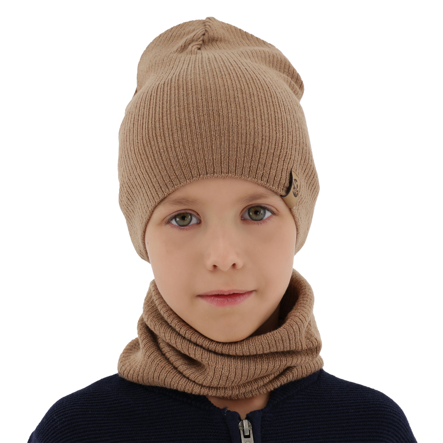 Set primăvară-toamnă pentru băieți: Căciulă și fular circular camel 100% lână merino extra fină Richi