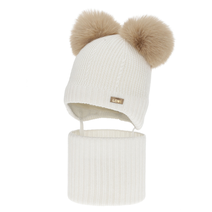 Set căciulă și fular pentru fete, iarnă, alb, 100% lână merino, căptușit cu fleece de lână, Lumia