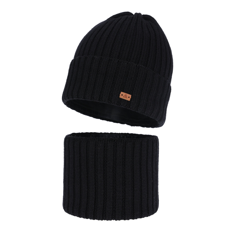Set de iarnă pentru băieți: căciulă și fular circular, 100% lână merino, negru, Umberto