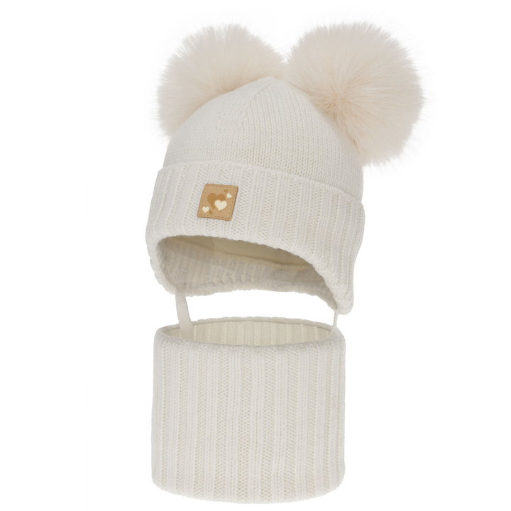 Set căciulă și fular pentru fete, iarnă, alb, 100% lână merino, căptușit cu fleece de lână, Ronia