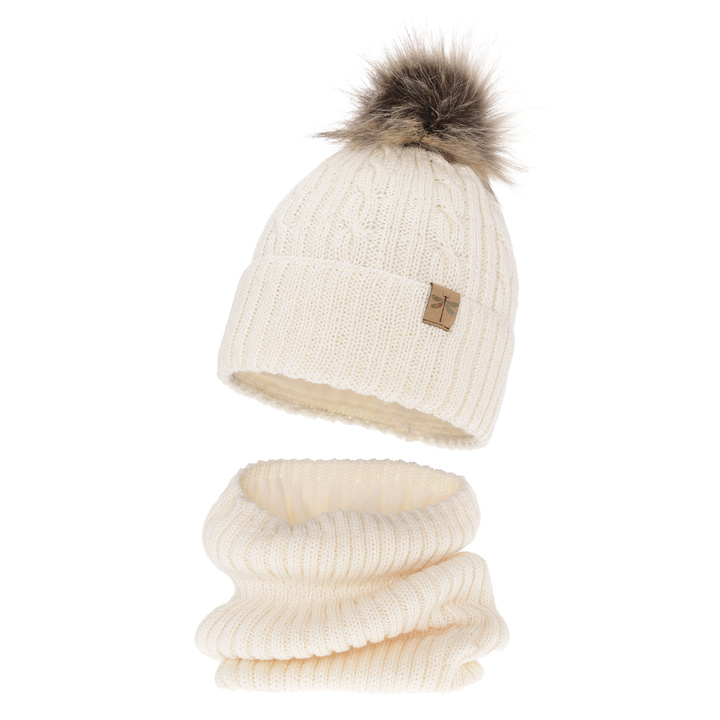 Set de iarnă pentru fete: căciulă și fular circular ecru clână merino Aprilia