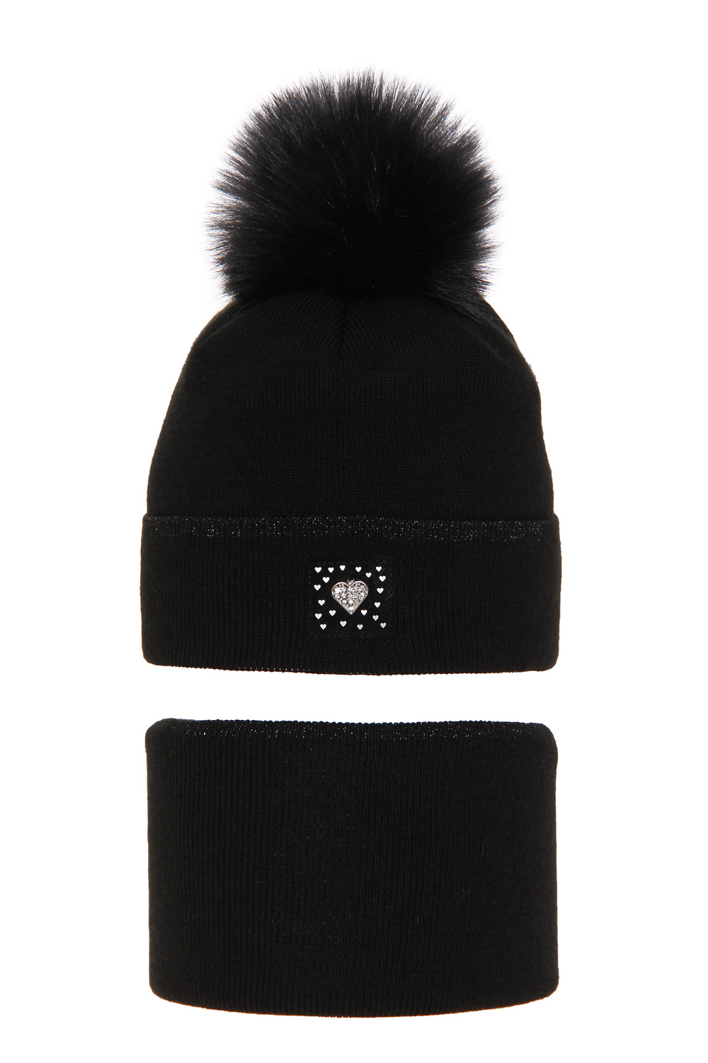 Set de iarnă pentru fete: căciulă și fular circular negru cu pompon Sendi