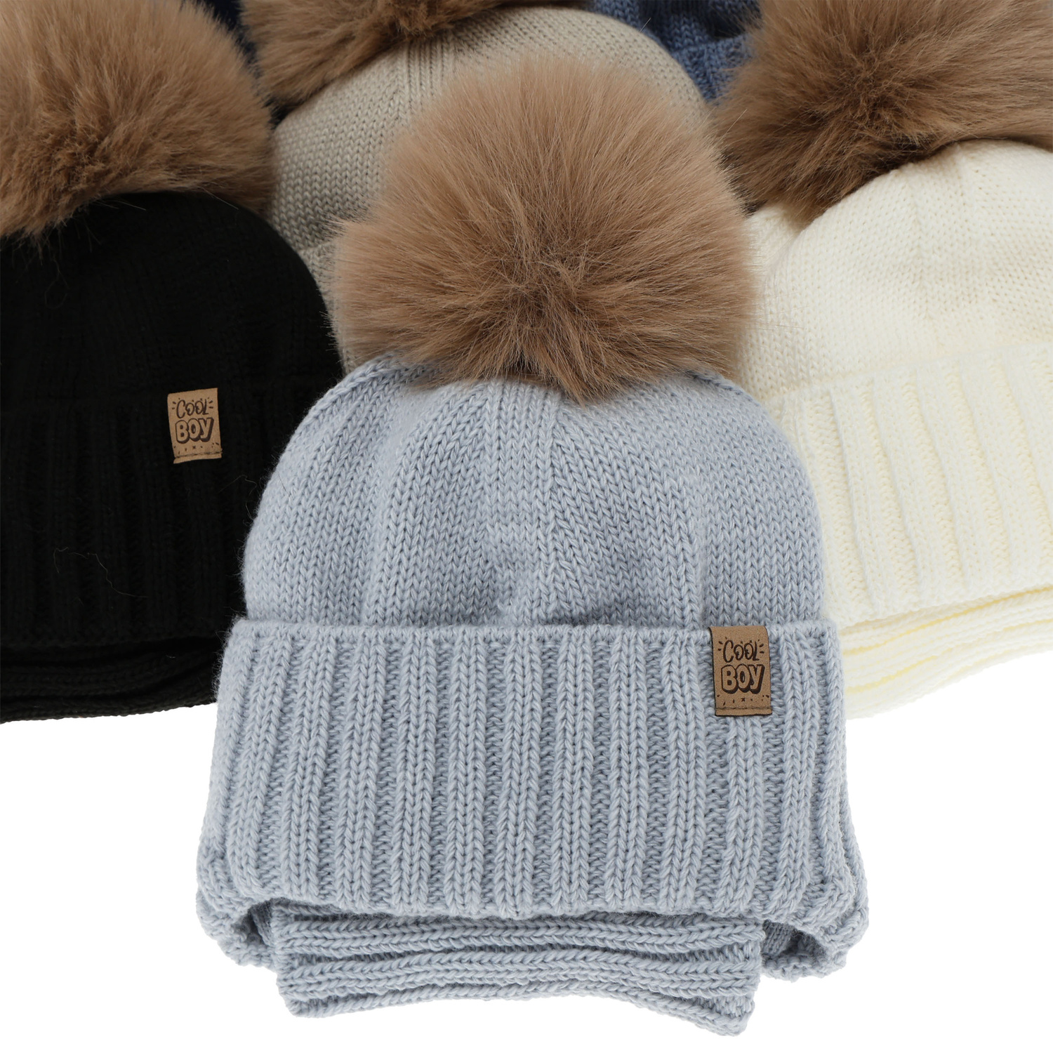 Set de iarnă pentru băieți: Căciulă și fular circular, bej, cu pompon, Talens