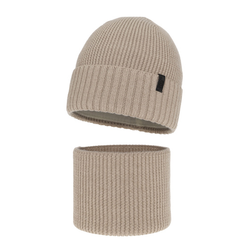 Căciulă și fular circular pentru băieți, set de iarnă, 100% lână merino, căptușit cu lână merino, bej Harbin