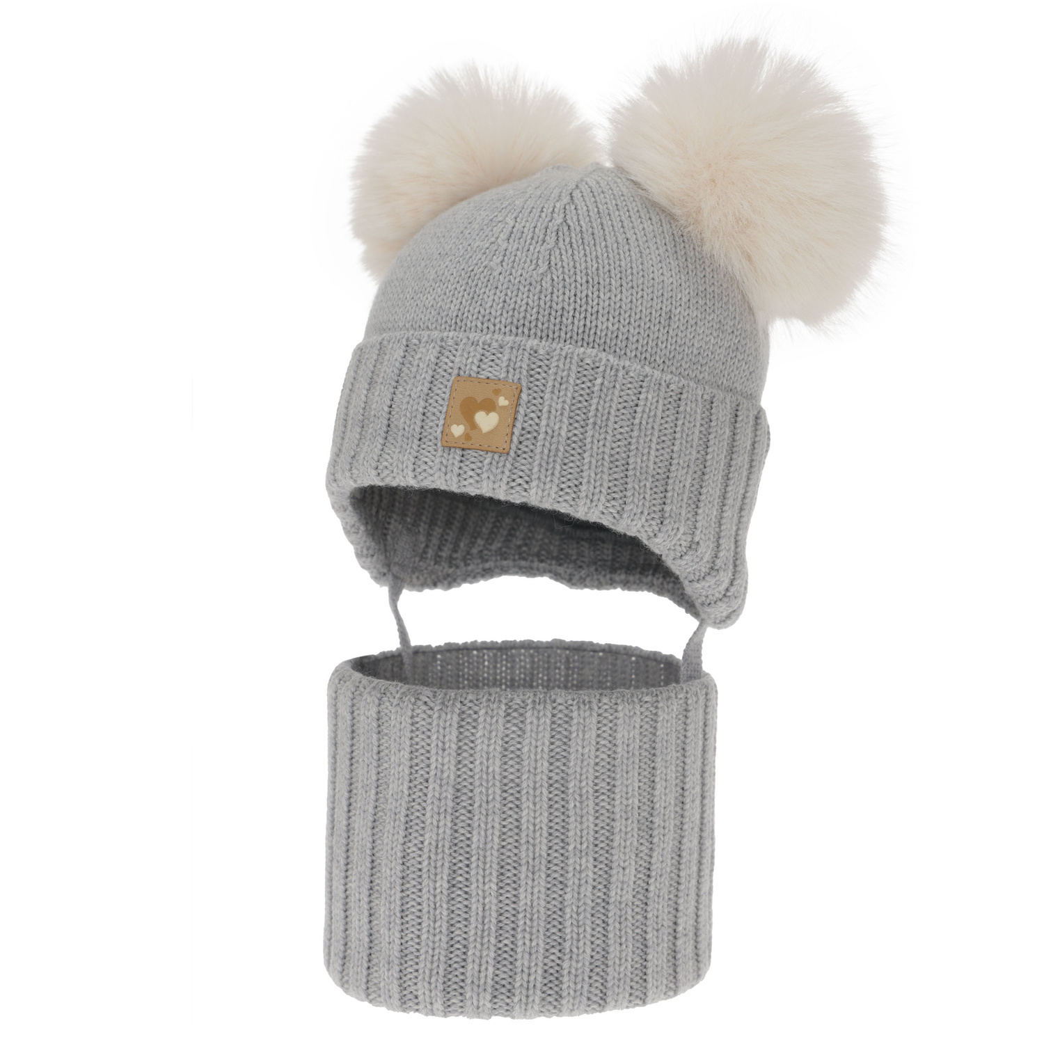 Set căciulă și fular pentru fete, iarnă, gri, 100% lână merino, căptușit cu fleece de lână, Ronia