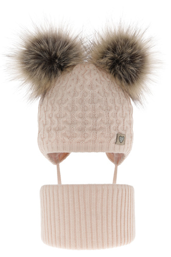 Set de iarnă pentru fete: căciulă și fular circular roz cu 2 pompoane Poliana