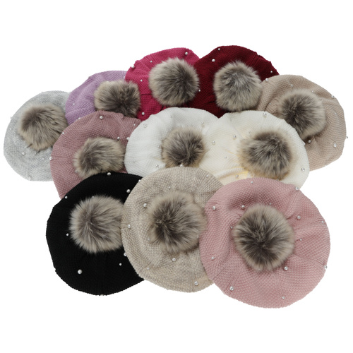 Beret și fular circular pentru fete, de iarnă, căptușit cu polar, culoarea cremă, cu pompon, Jeanette