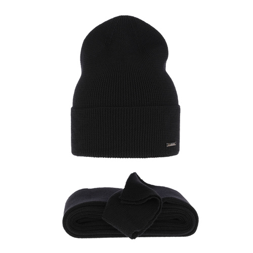 Set de primăvară- iarnă pentru femei: căciulă și eșarfă negru 100% lână merino extra fină Melpomena