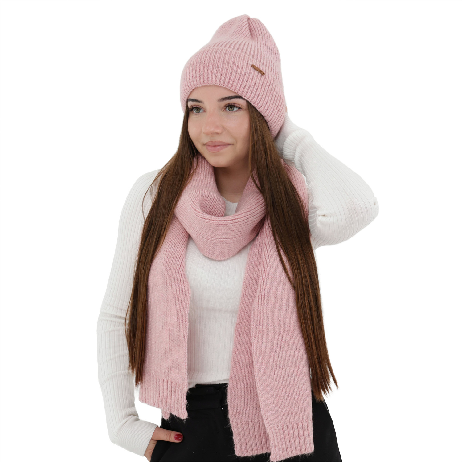 Set de iarnă pentru femei: căciulă și fular, roz, cu lână merino, Seala