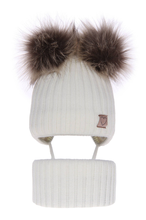 Set de iarnă pentru fete: căciulă și fular circular alb cu 2 pompoane Telisa
