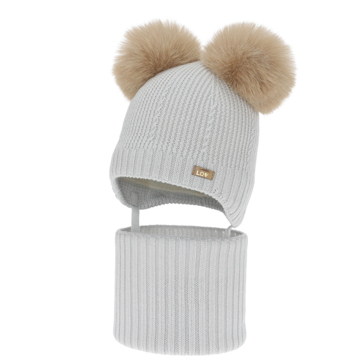 Set căciulă și fular pentru fete, iarnă, gri, 100% lână merino, căptușit cu fleece de lână, Lumia