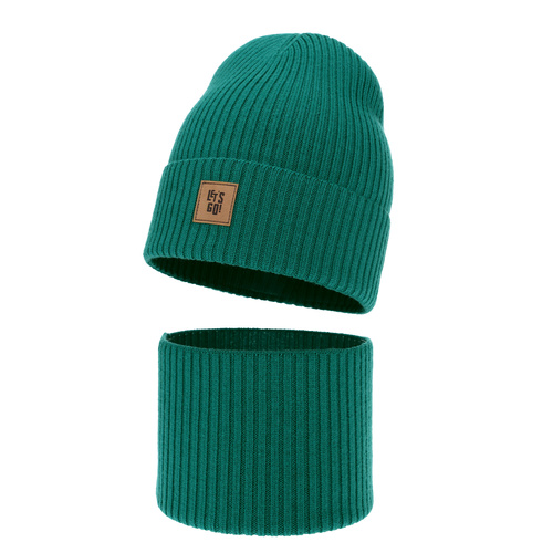 Set primăvară-toamnă pentru băieți: Căciulă și fular circular verde 100% lână merino Vanto