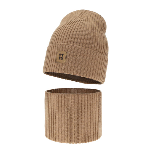 Set primăvară-toamnă pentru băieți: Căciulă și fular circular camel 100% lână merino Vanto