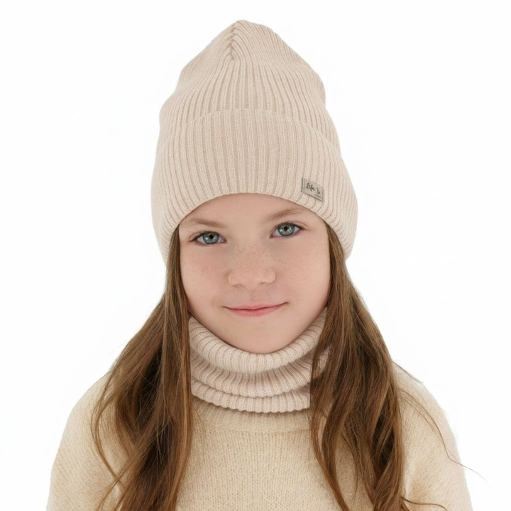 Set de primăvară-toamnă pentru fete: căciulă și fular circular roz 100% lână merino extra fină Itra
