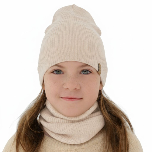 Set de primăvară-toamnă pentru fete: căciulă și fular circular roz 100% lână merino extra fină Ricona