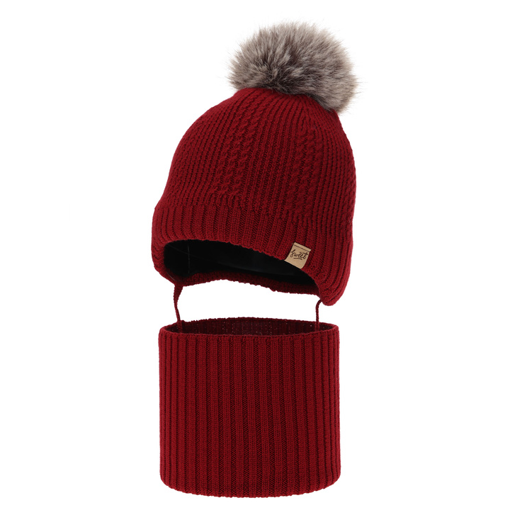 Set căciulă și fular pentru băieți, iarnă, bordo, 100% lână merino, căptușit cu fleece de lână, cu șnururi Danny