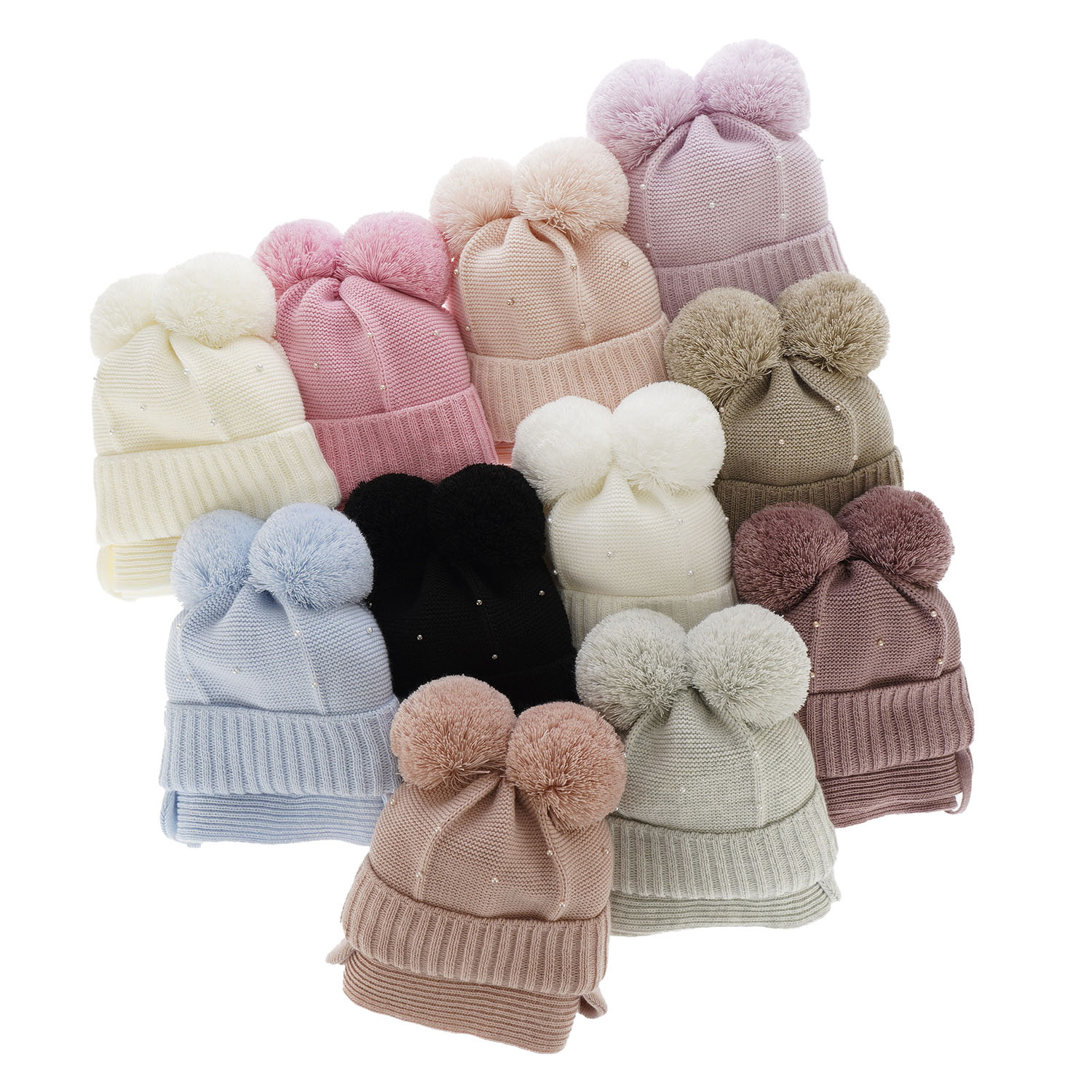 Set de iarnă pentru fete: căciulă și fular ecru cu 2 pompoane Fibien