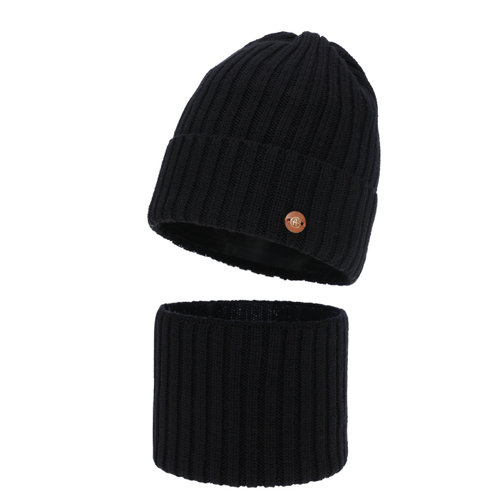 Set de iarnă pentru fete: căciulă și fular circular, negru, 100% lână merino, căptușit cu bumbac, Vanira