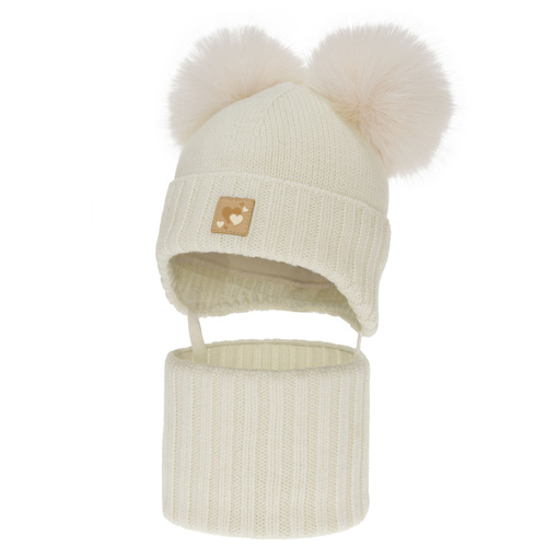 Set căciulă și fular pentru fete, iarnă, crem, 100% lână merino, căptușit cu fleece de lână, Ronia