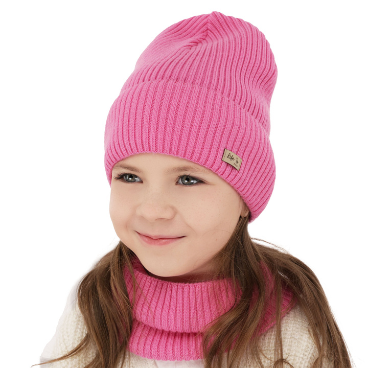 Set de primăvară-toamnă pentru fete: căciulă și fular circular roz 100% lână merino extra fină Itra