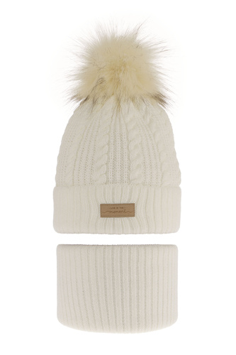 Set de iarnă pentru fete: căciulă și fular circular ecru cu pompon Alika