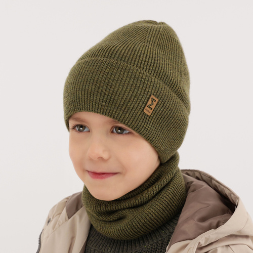 Set primăvară-toamnă pentru băieți: Căciulă și fular circular verde 100% lână merino extra fină Bruce