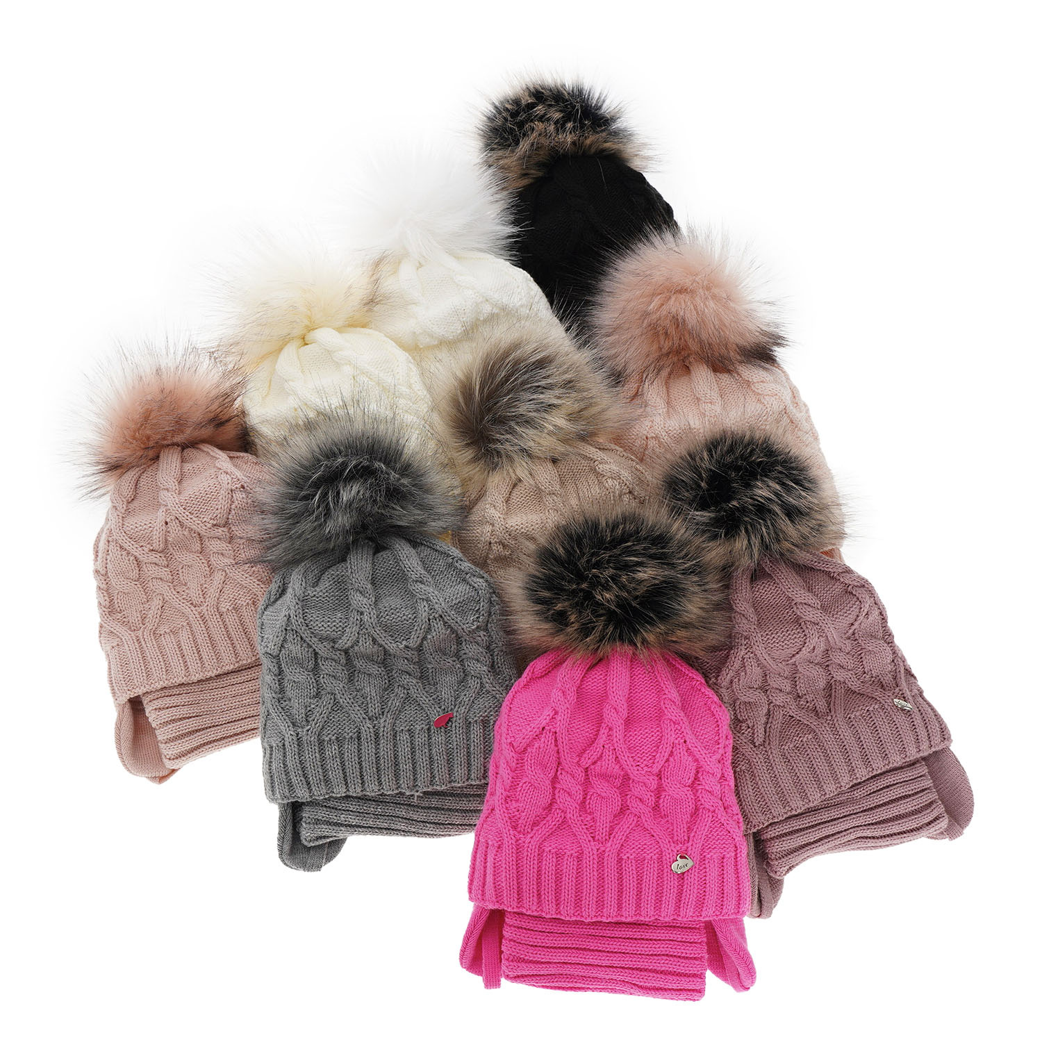 Set de iarnă pentru fete: căciulă și fular circular bej cu pompon Elena