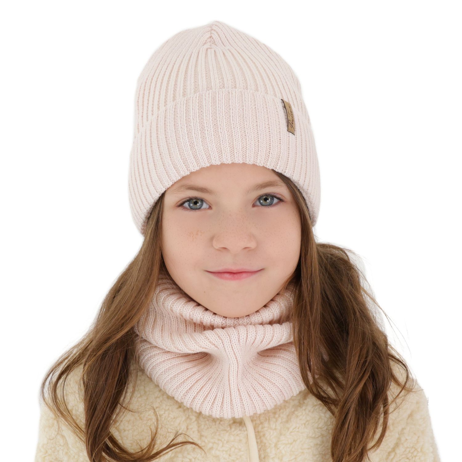 Set de iarnă pentru fete: căciulă și fular circular căptușit cu polar, violet, cu lână merino, Odette