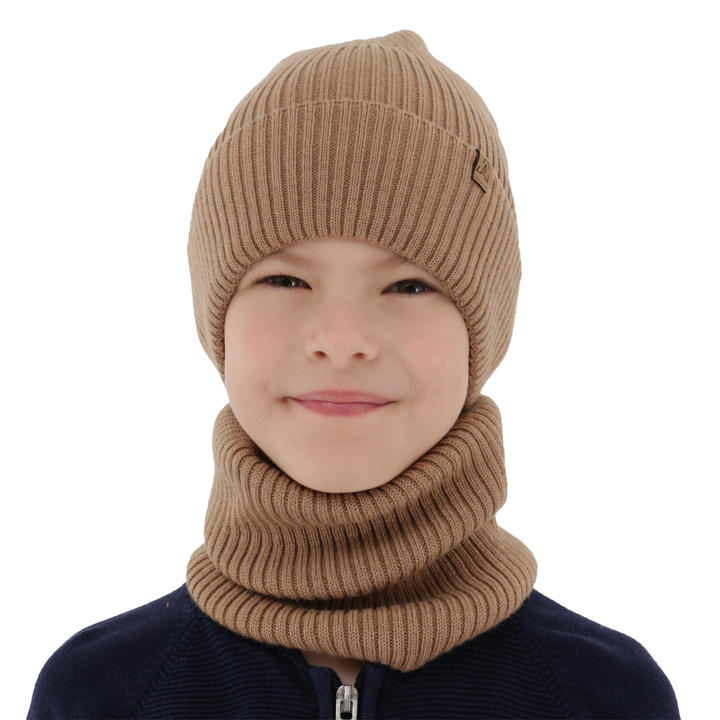 Set primăvară-toamnă pentru băieți: Căciulă și fular circular camel 100% lână merino extra fină Lemas