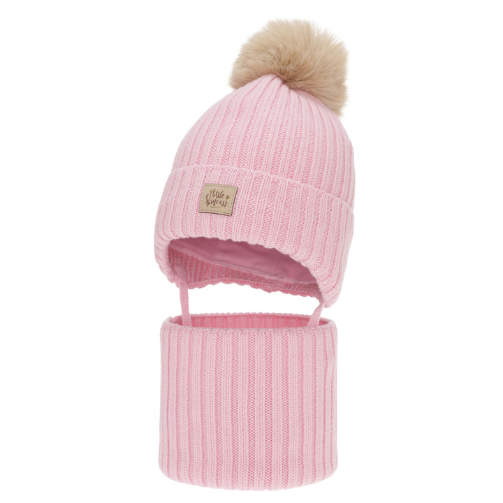 Set de iarnă pentru fete: căciulă și fular circular, roz, 100% lână merino, cu urechi, căptușit cu bumbac, Malesia