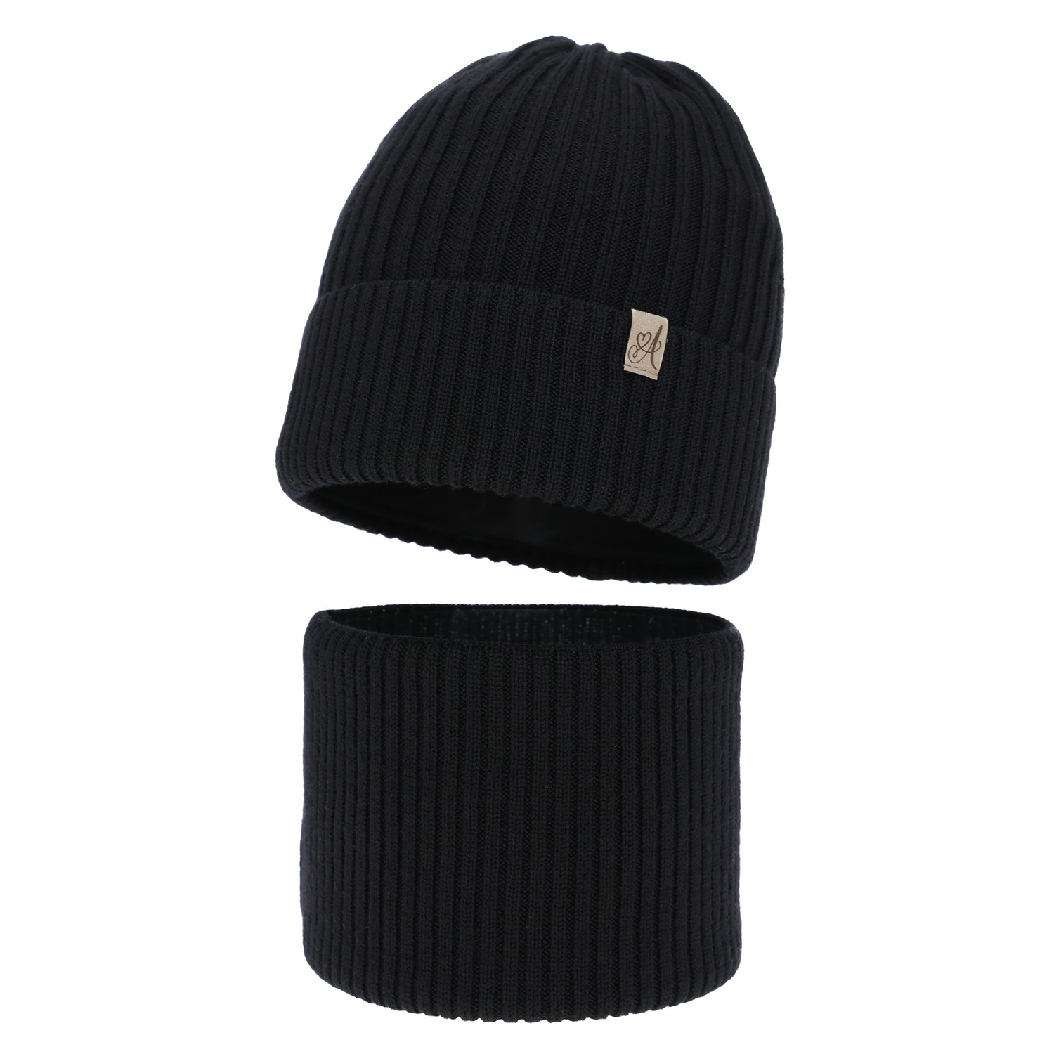 Set de iarnă pentru fete: căciulă și fular circular, negru, 100% lână merino, Patricia
