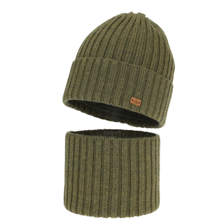 Set de iarnă pentru băieți: Căciulă și fular circular, 100% lână merino, khaki, Umberto