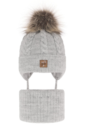 Set de iarnă pentru fete: căciulă și fular circular gri cu pompon Finess