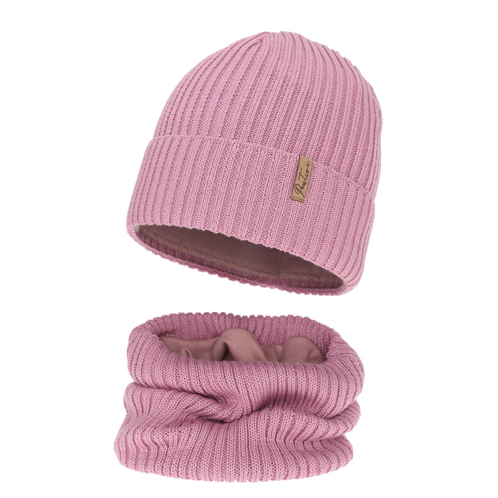 Set de iarnă pentru fete: căciulă și fular circular căptușit cu polar, violet, cu lână merino, Odette