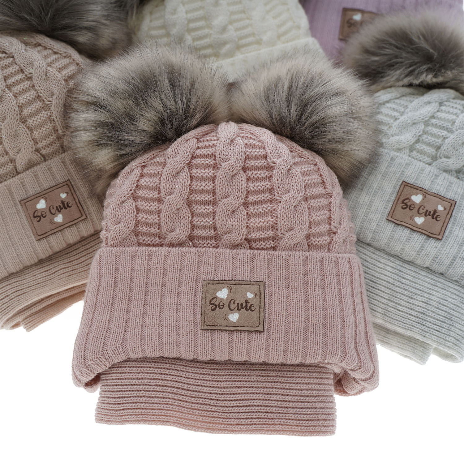 Set de iarnă pentru fete: căciulă cu fir strălucitor (lurex) și fular roz cu 2 pompoane Klarita