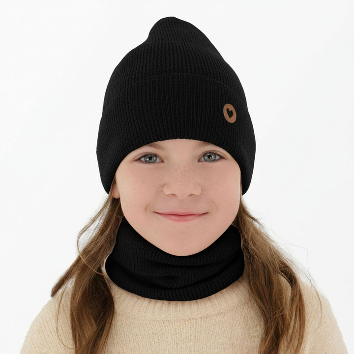 Set de primăvară-toamnă pentru fete: căciulă și fular circular negru 100% lână merino extra fină Brook