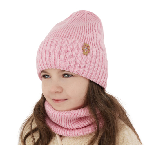 Set de iarnă pentru fete: căciulă și fular circular roz 100% lână merino extra fină Nelita