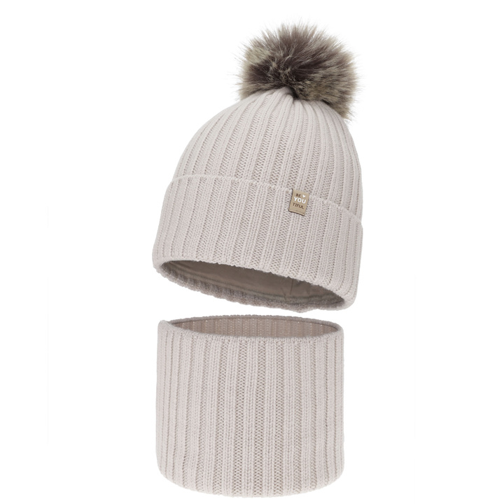 Set de iarnă pentru fete: căciulă și fular circular, beżowy, 100% lână merino, căptușit cu bumbac, cu pompon, Terida